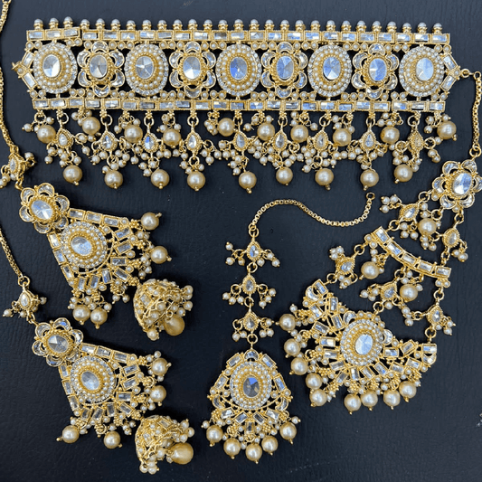 Asian Bridal 4 Piece Gold & Silver Kundan Choker Necklace Jewellery Set