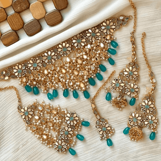 Asian Bridal Gold & Teal Kundan Necklace Jewellery Set