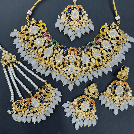 Asian Bridal 4 Piece Gold & White Kundan Necklace Jewellery