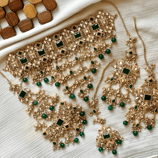 Asian Bridal 4 Piece Green Kundan Necklace Jewellery Set