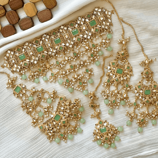 Asian Bridal 4 Piece Mint Green Kundan Necklace Jewellery Set