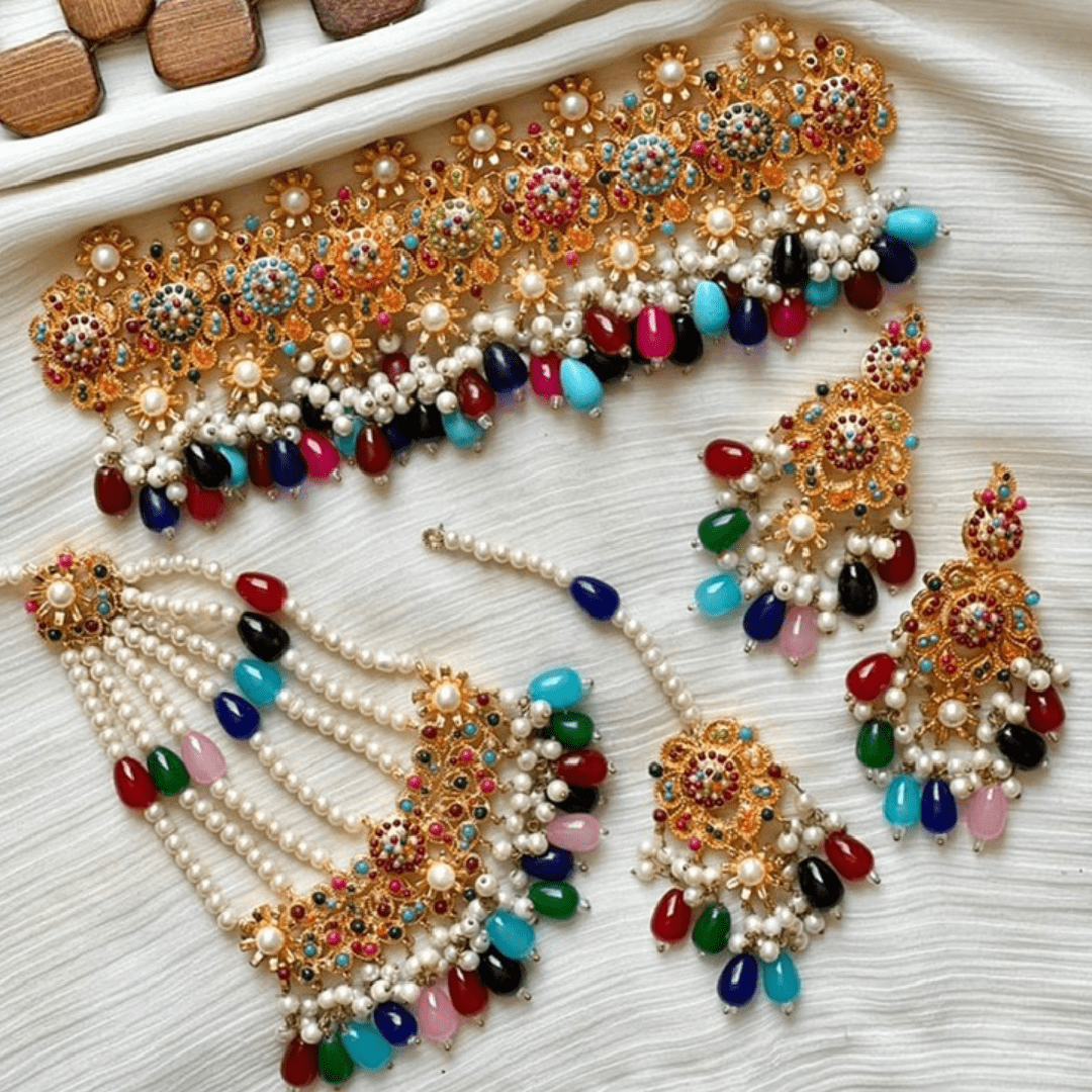 Asian Bridal 4 Piece Multicoloured Choker Kundan Necklace Jewellery Set