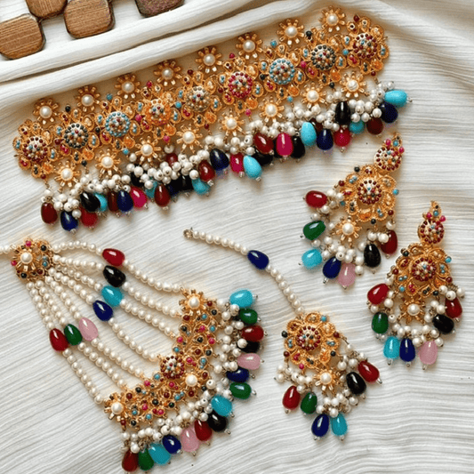 Asian Bridal 4 Piece Multicoloured Choker Kundan Necklace Jewellery Set