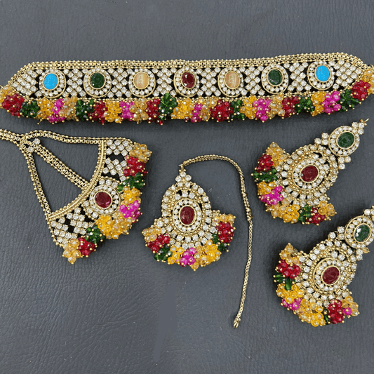 Asian Bridal 4 Piece Multicoloured Gajri Choker Necklace Kundan Jewellery Set