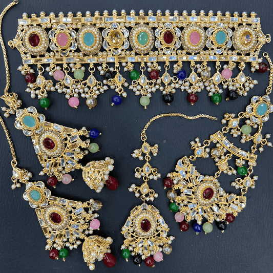 Asian Bridal 4 Piece Multicoloured Kundan Choker Necklace Jewellery Set