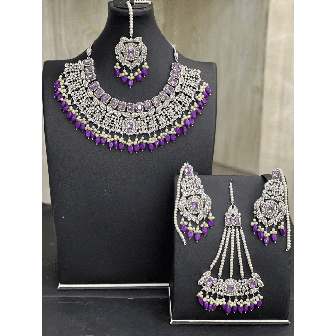 Asian Bridal 4 Piece Silver Plated Kundan Necklace Jewellery Set