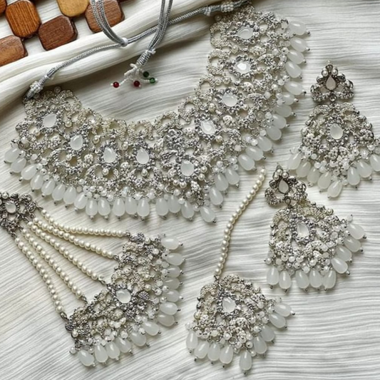 Asian Bridal 4 Piece Silver & White Kundan Necklace Jewellery Set