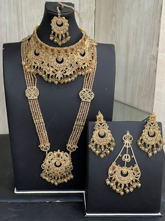 Gold & Red Bridal Kundan Necklace Jewellery Set with Mala