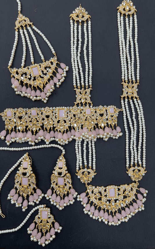 Gold & Baby Pink Bridal Choker Necklace Jewellery Set with Mala