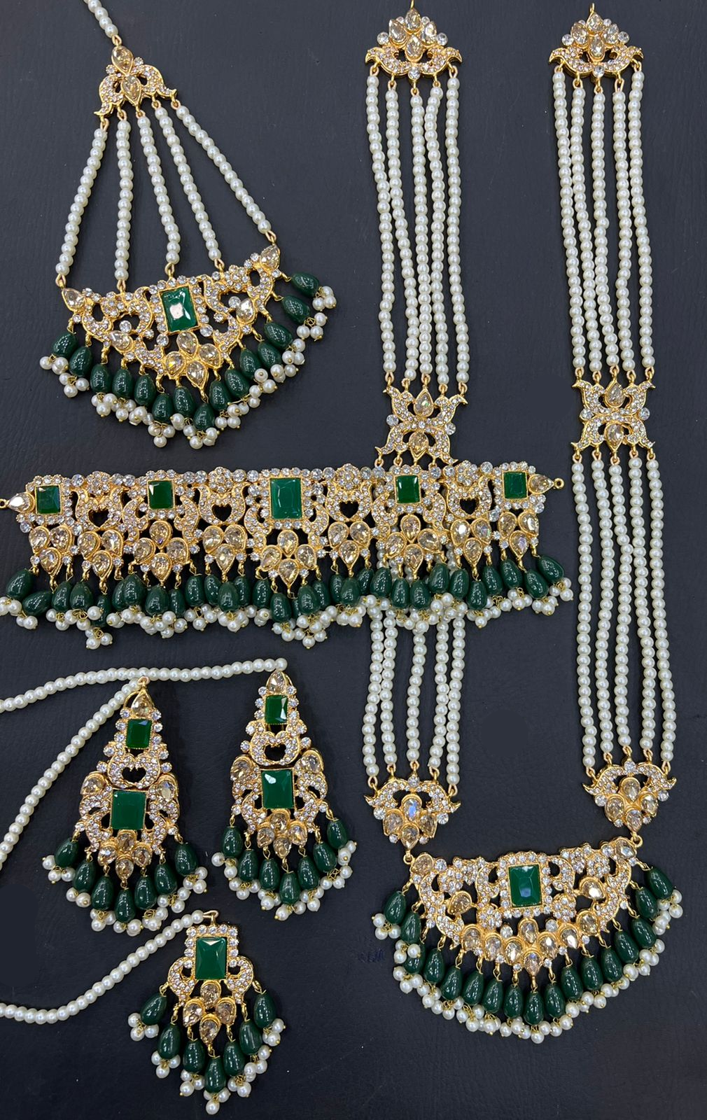 Gold & Green Bridal Choker Jewellery Set with Mala