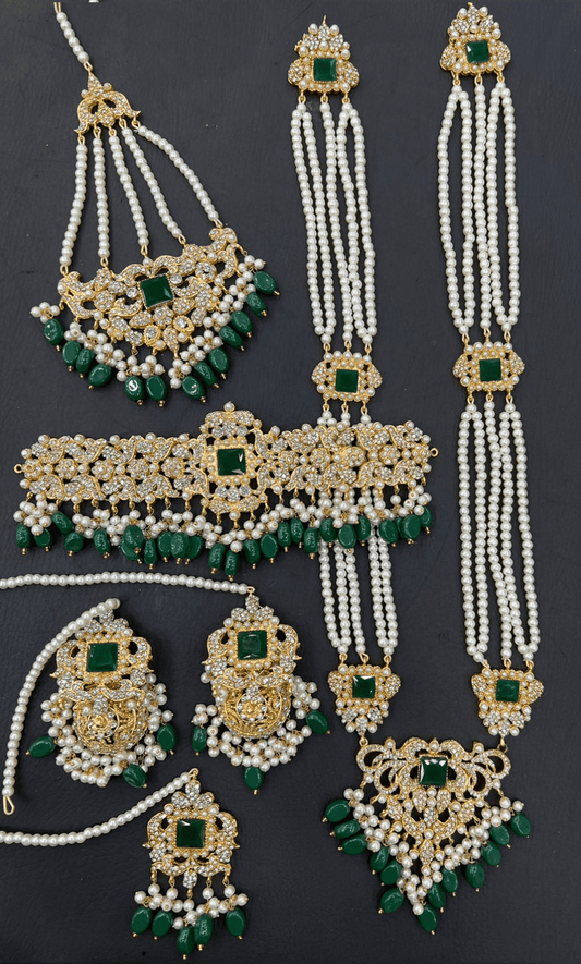 Gold & Green Bridal Choker Necklace Jewellery Set with Mala