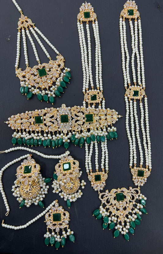 Gold & Green Bridal Choker Necklace Jewellery Set with Mala