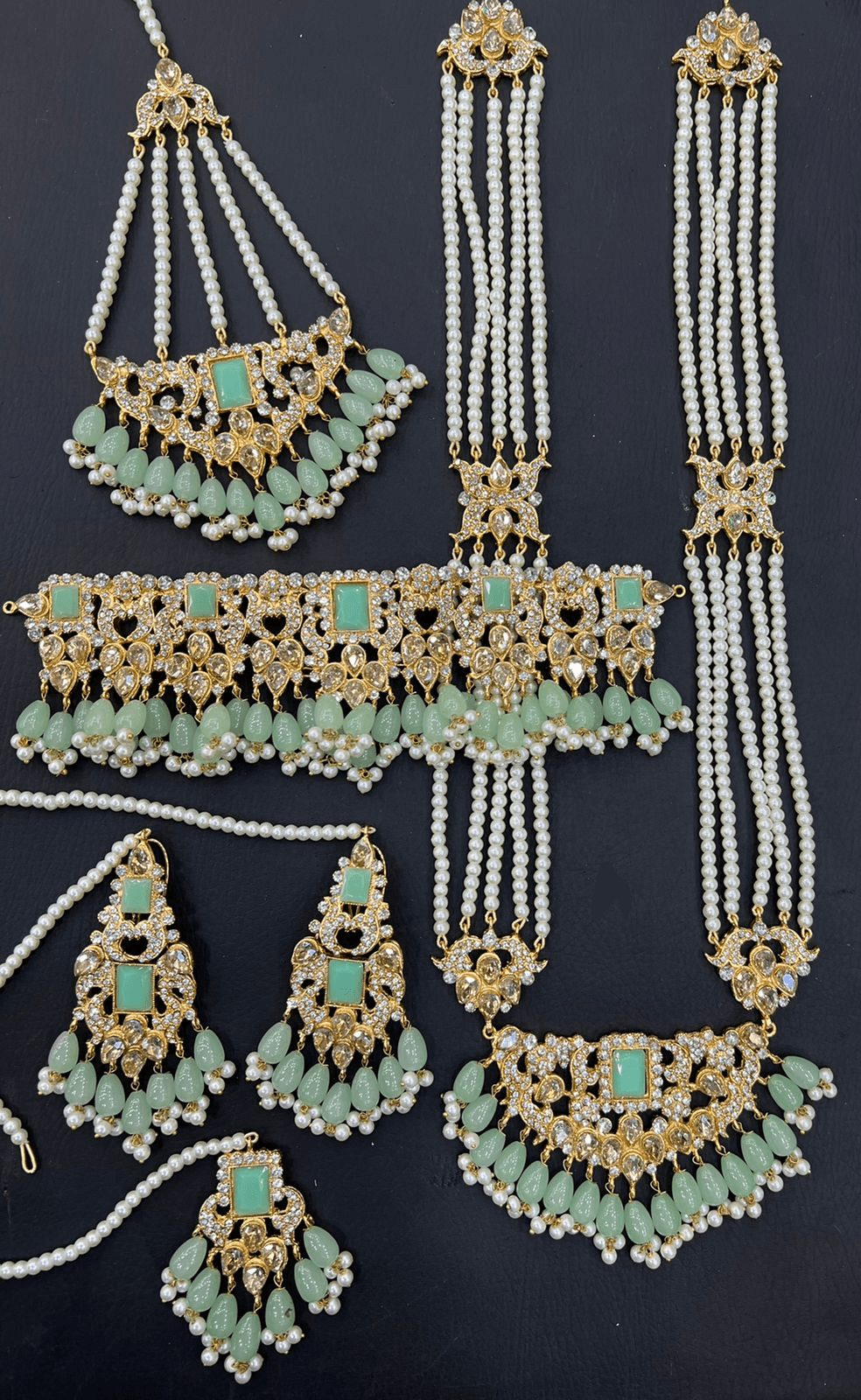 Gold & Mint Green Bridal Choker Necklace Jewellery Set with Mala