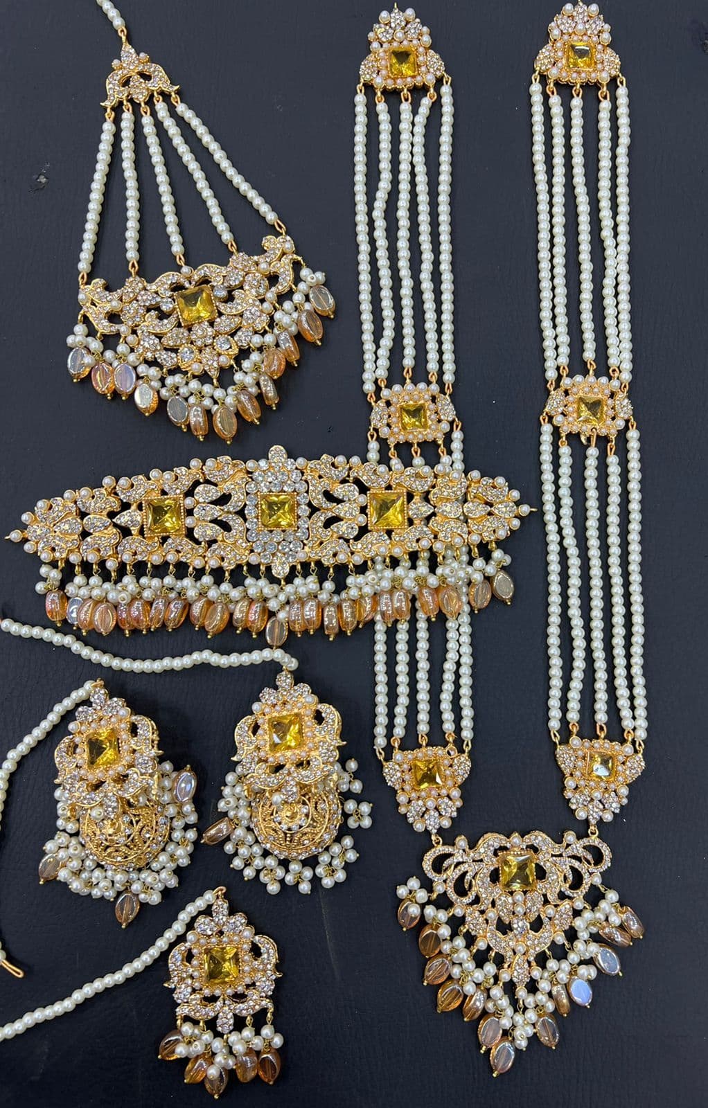 Gold & Peach Bridal Choker Necklace Jewellery Set with Mala