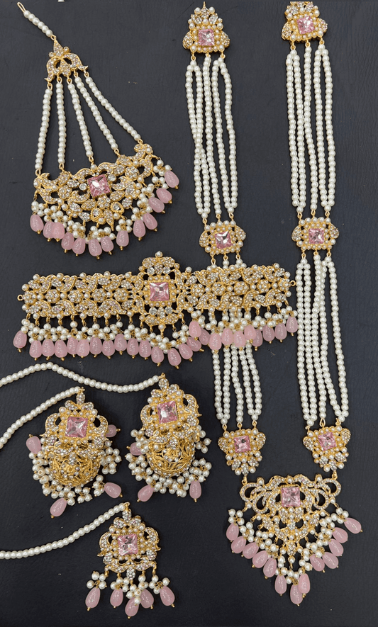 Gold & Pink Bridal Choker Necklace Jewellery Set with Mala