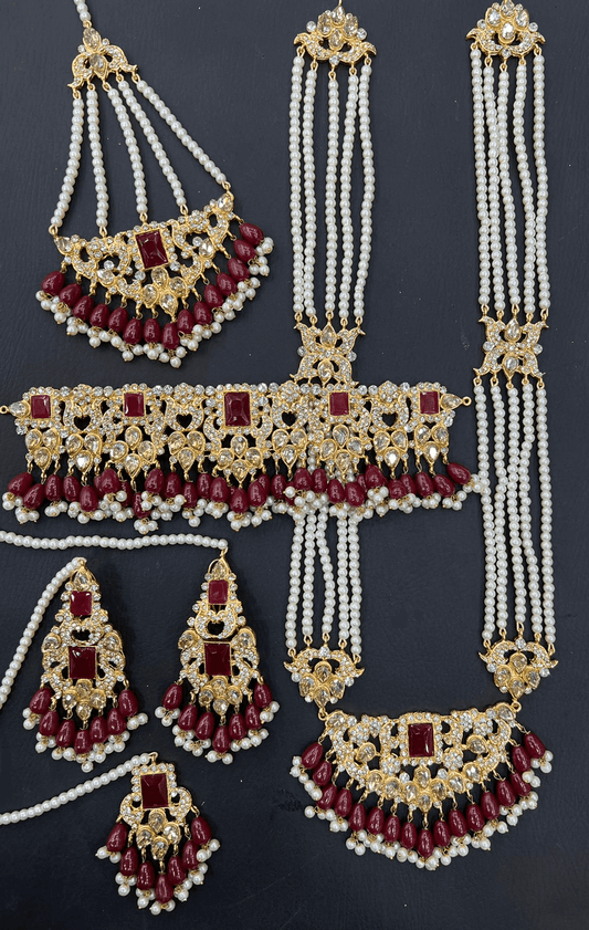 Gold & Red Bridal Choker Necklace Jewellery Set with Mala