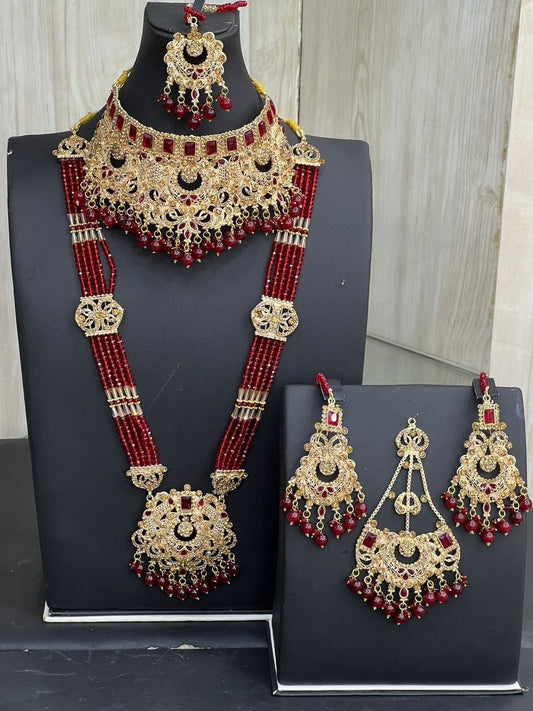 Gold & Red Bridal Necklace Jewellery Set with Mala