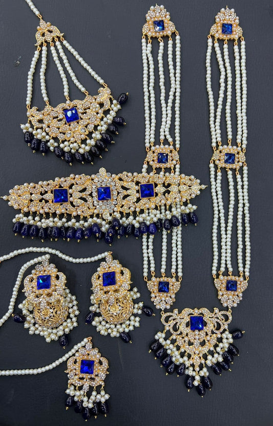 Gold & Royal Blue Bridal Choker Necklace Jewellery Set with Mala