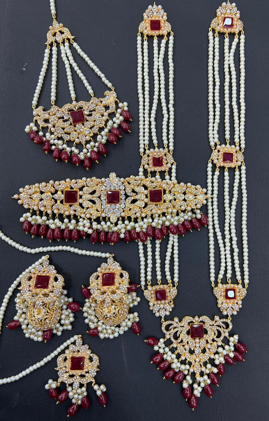 Gold & Ruby Red Bridal Choker Necklace Jewellery Set with Mala