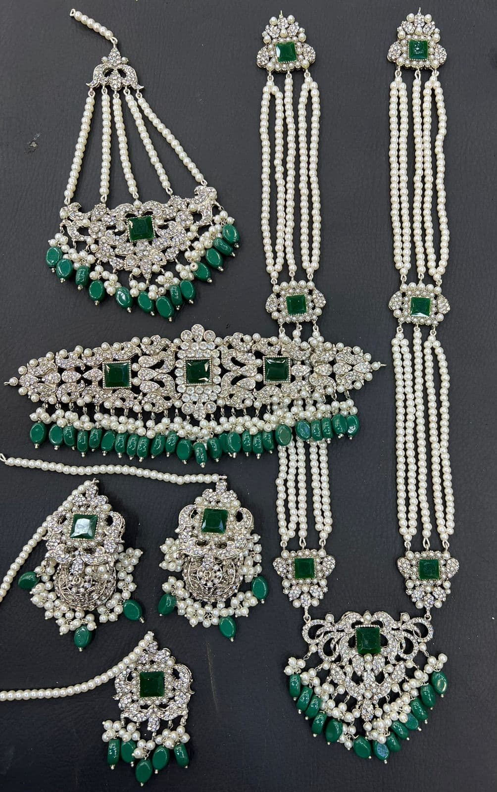 Green & Silver Bridal Kundan Choker Necklace Jewellery Set with Mala