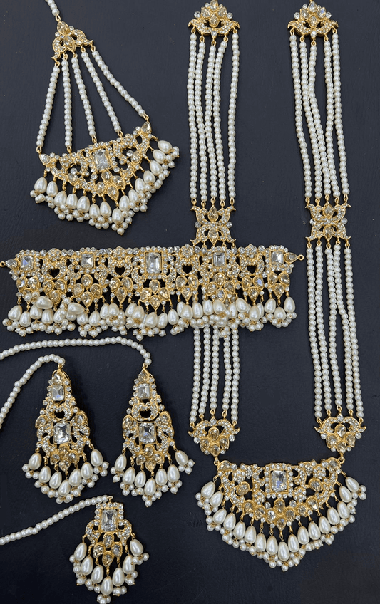 Ivory & Gold Bridal Kundan Choker Necklace Jewellery Set with Mala