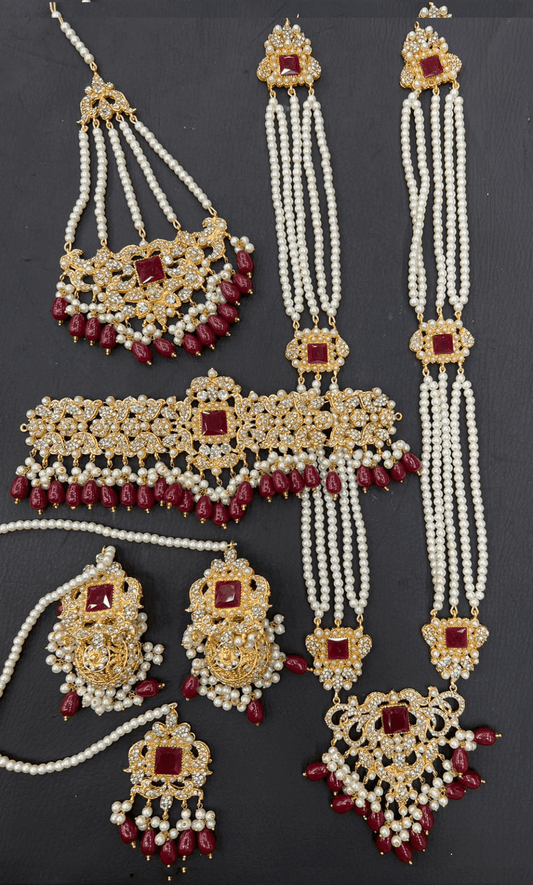 Red & Gold Bridal Choker Necklace Jewellery Set with Mala