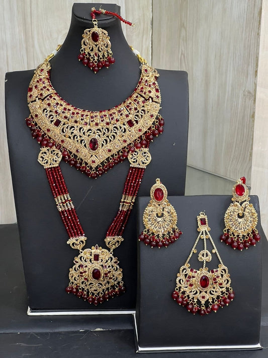 Red & Gold Bridal Kundan Jewellery Set with Mala