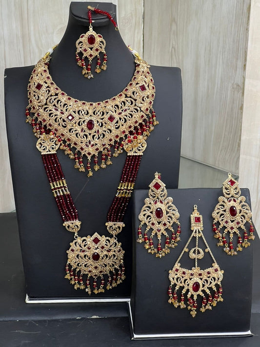 Red & Gold Bridal Kundan Necklace Jewellery Set with Mala