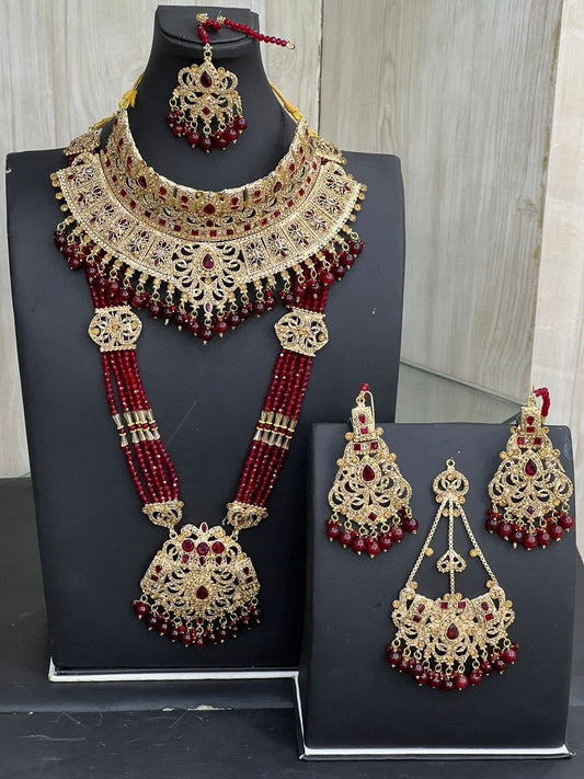 Red Bridal Kundan Necklace Jewellery Set with Mala