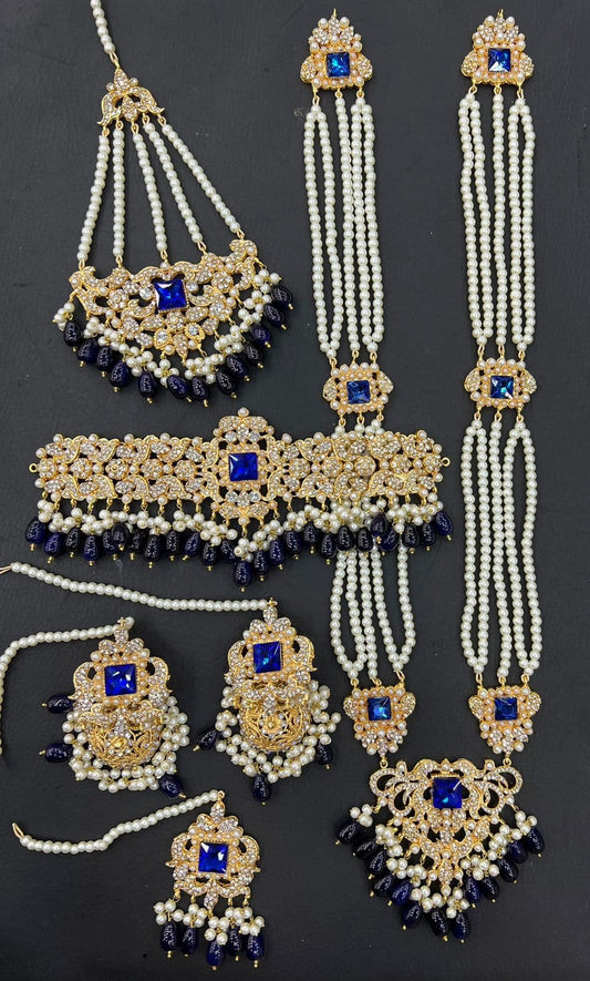 Royal Blue & Gold Bridal Kundan Choker Necklace Jewellery Set with Mala