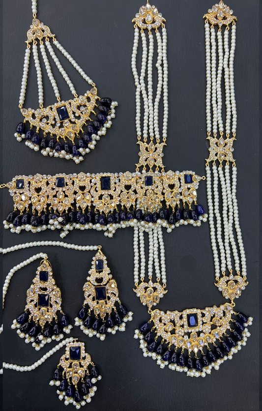 Royal Blue Bridal Kundan Choker Necklace Jewellery Set with Mala