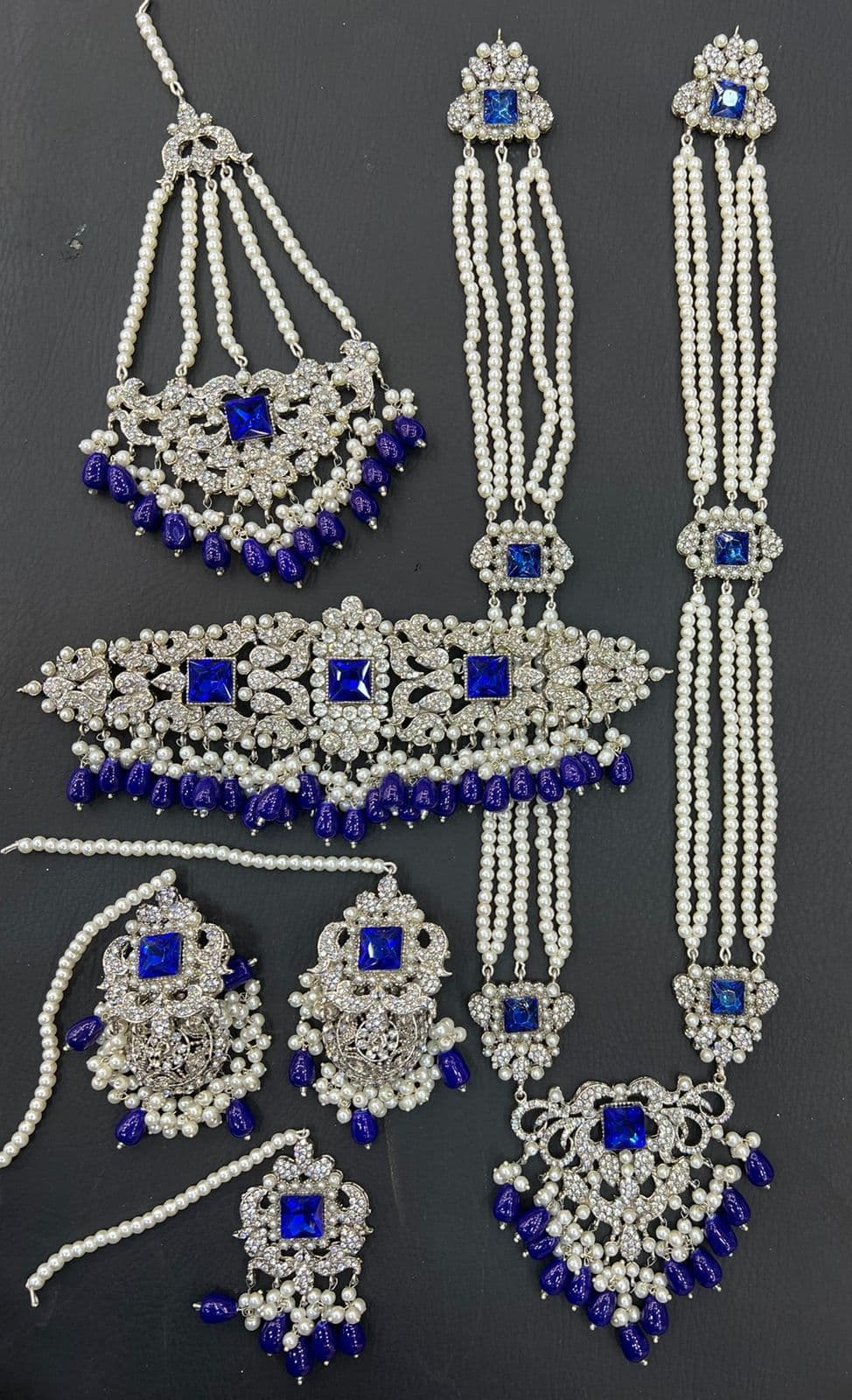 Royal Blue & Silver Bridal Kundan Choker Necklace Jewellery Set with Mala