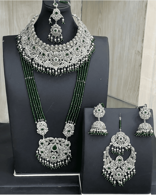 Silver & Green Bridal Necklace Jewellery Set with Mala