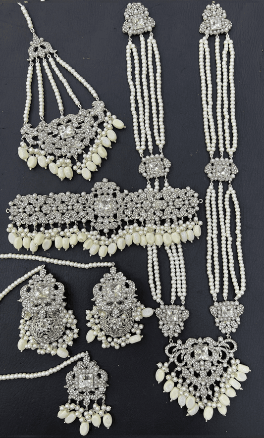 Silver & Ivory Bridal Kundan Choker Necklace Jewellery Set with Mala