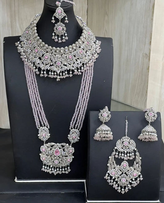 Silver & Pink Bridal Necklace Jewellery Set with Mala