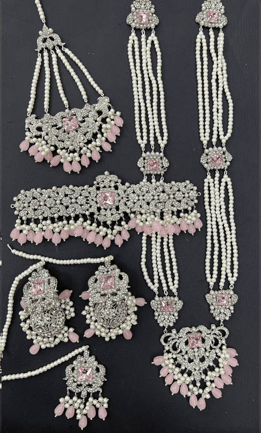 Silver & Pink Bridal Choker Necklace Jewellery Set with Mala