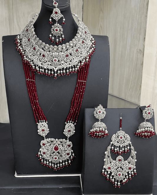 Silver & Red Bridal Jewellery Set with Mala