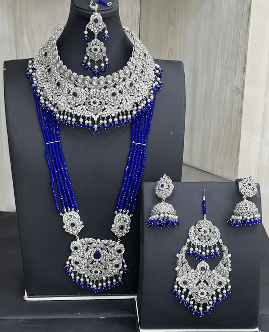 Silver & Royal Blue Bridal Necklace Jewellery Set with Mala