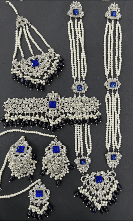 Silver & Royal Blue Bridal Kundan Choker Necklace Jewellery Set with Mala