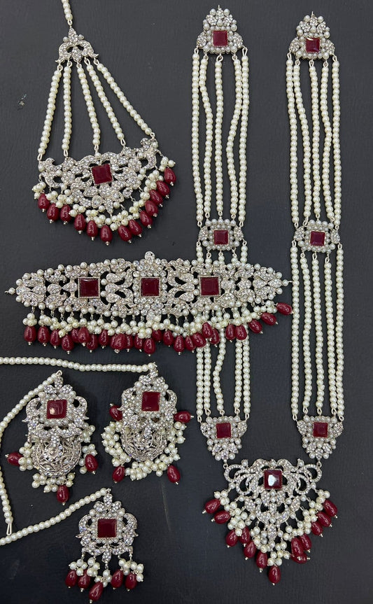 Silver & Ruby Red Bridal Kundan Choker Necklace Jewellery Set with Mala