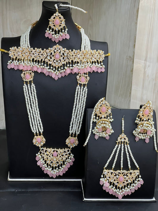 Baby Pink & Gold Bridal Kundan Choker Necklace Jewellery Set with Mala