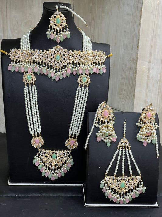 Baby Pink & Mint Green Bridal Kundan Choker Necklace Jewellery Set with Mala