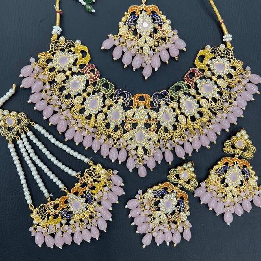 Asian Bridal Gold & Baby Blue Kundan Necklace Jewellery Set