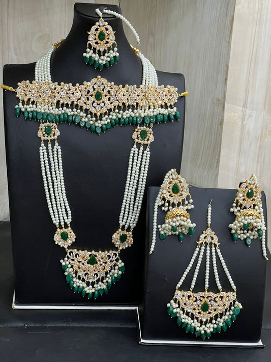 Gold & Green Bridal Kundan Choker Necklace Jewellery Set with Mala