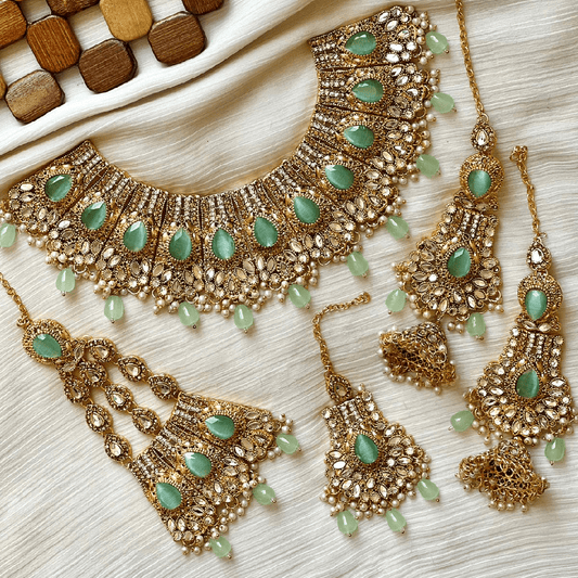 Asian Bridal Gold & Green Kundan Necklace Jewellery Set