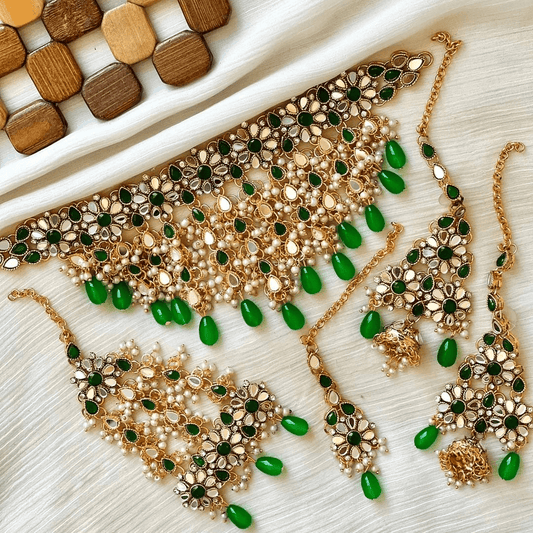 Asian Bridal Gold & Green Kundan Necklace Jewellery Set