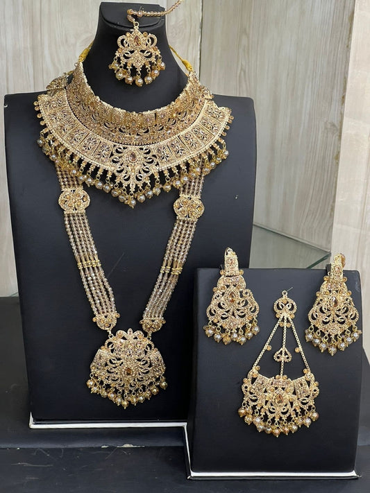 Gold Bridal Kundan Necklace Jewellery Set with Mala