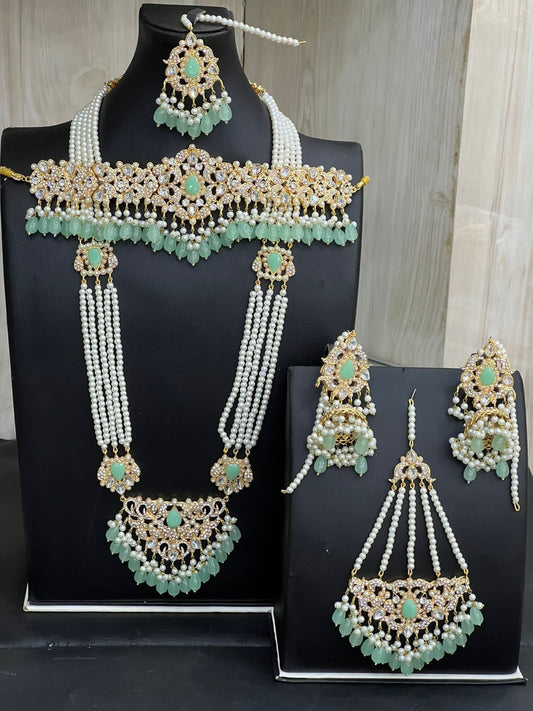 Gold & Mint Green Choker Necklace Jewellery Set with Mala