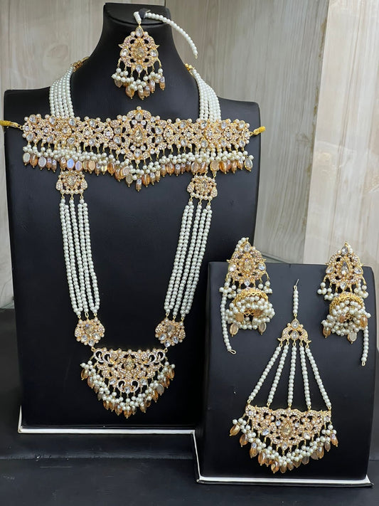 Gold & Peach Choker Necklace Jewellery Set with Mala