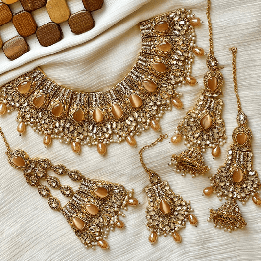 Asian Bridal Gold & Peach Kundan Necklace Jewellery Set